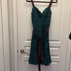 Betsey Johnson Teal Crochet Slip Dress with Brown Satin Waist Tie
